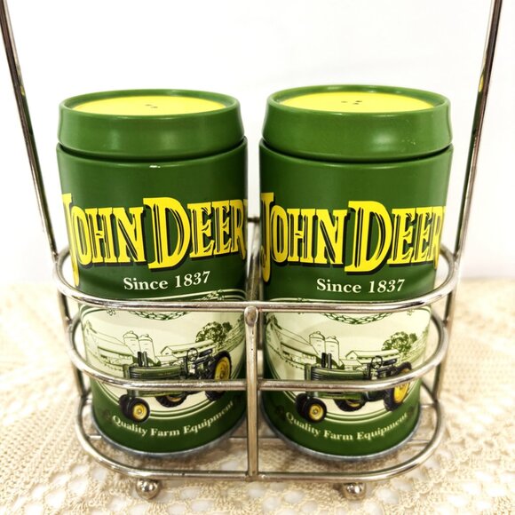 John Deere Metal Salt and Pepper Shaker Set w/ Caddy EUC - Picture 4 of 11